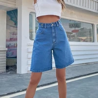 2022 street wild loose mid waist denim shorts summer women new casual solid a line jean short vintage straight five point pants