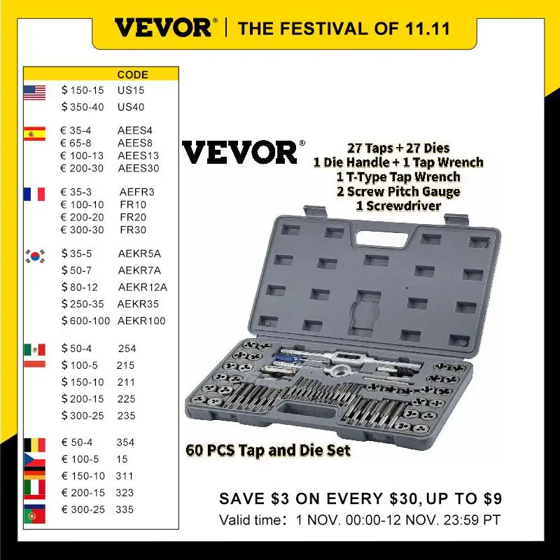 

VEVOR 60 PCS Tap and Die Set Carbon Steel Hand Threading Tool With Screw Pitch Gauge Screwdriver Wrench for Module Metalworking