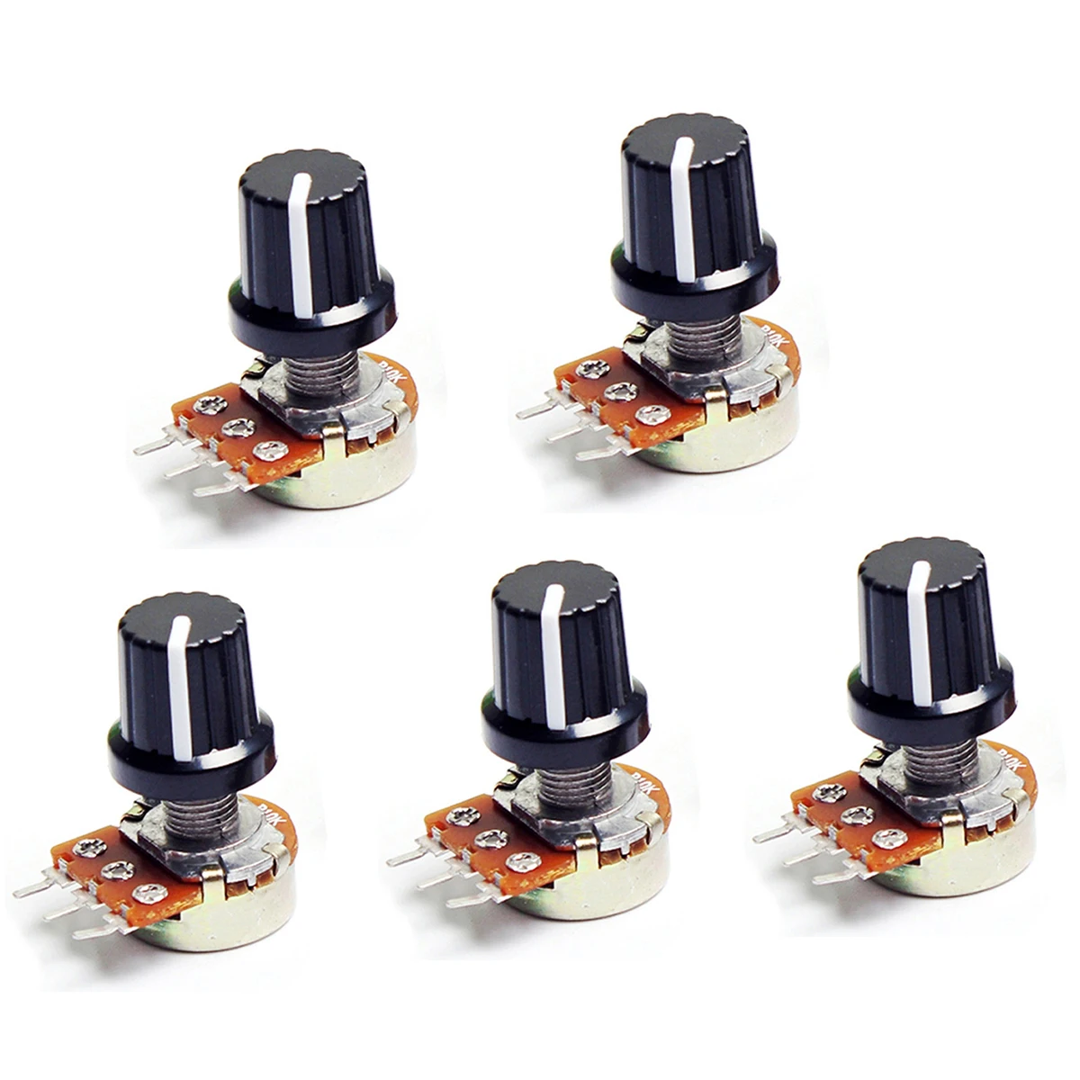 

5 комплектов WH148 1K 10K 20K 50K 100K 500K Ом 15 мм 3-контактный линейный конический роторный потенциометр резистор для Arduino с белой крышкой AG2