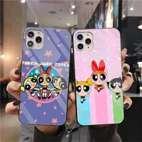 cartoon cute powerpuff girls phone case tempered glass for iphone 13 12 mini 11 pro xr xs max 8 x 7 plus se 2020 soft cover