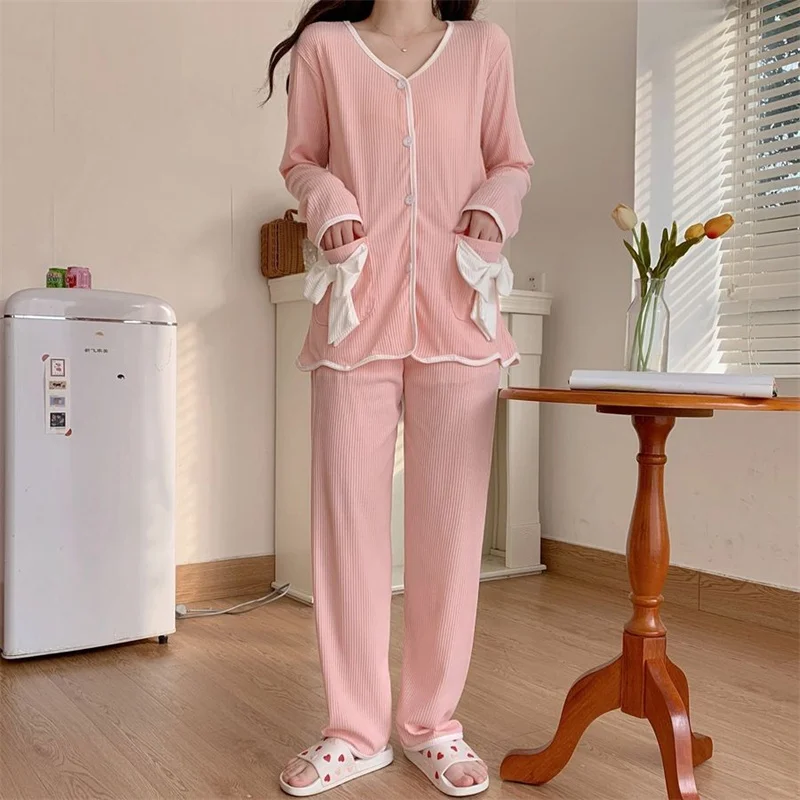 

Princess Pajamas Set Sweet Sleepwear For Women Pink Elastic Pyjama Women's Autumn Fashion Bow Homewear Big Size