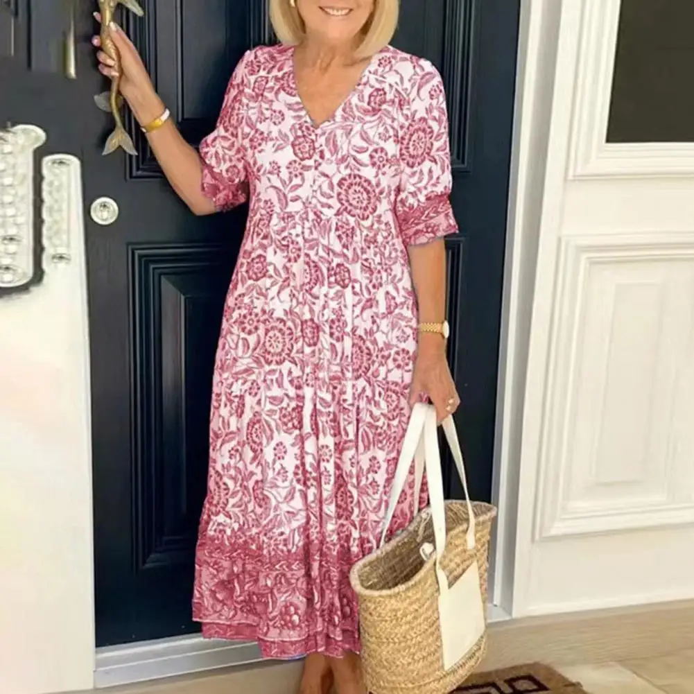 

Midi Dress V-neck Summer Dress Short Sleeve Women Dress Ruffle Loose Hem Midi Dress Floral Print Boho Dress Streetwear Vestidos