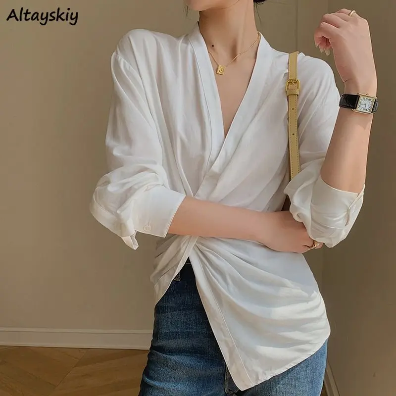 

Shirts Women Spring Thin Sunscreen Loose Literary Office Lady Folds Chic Design Korean Chic Stylish Camisa Elegant V-neck Daily