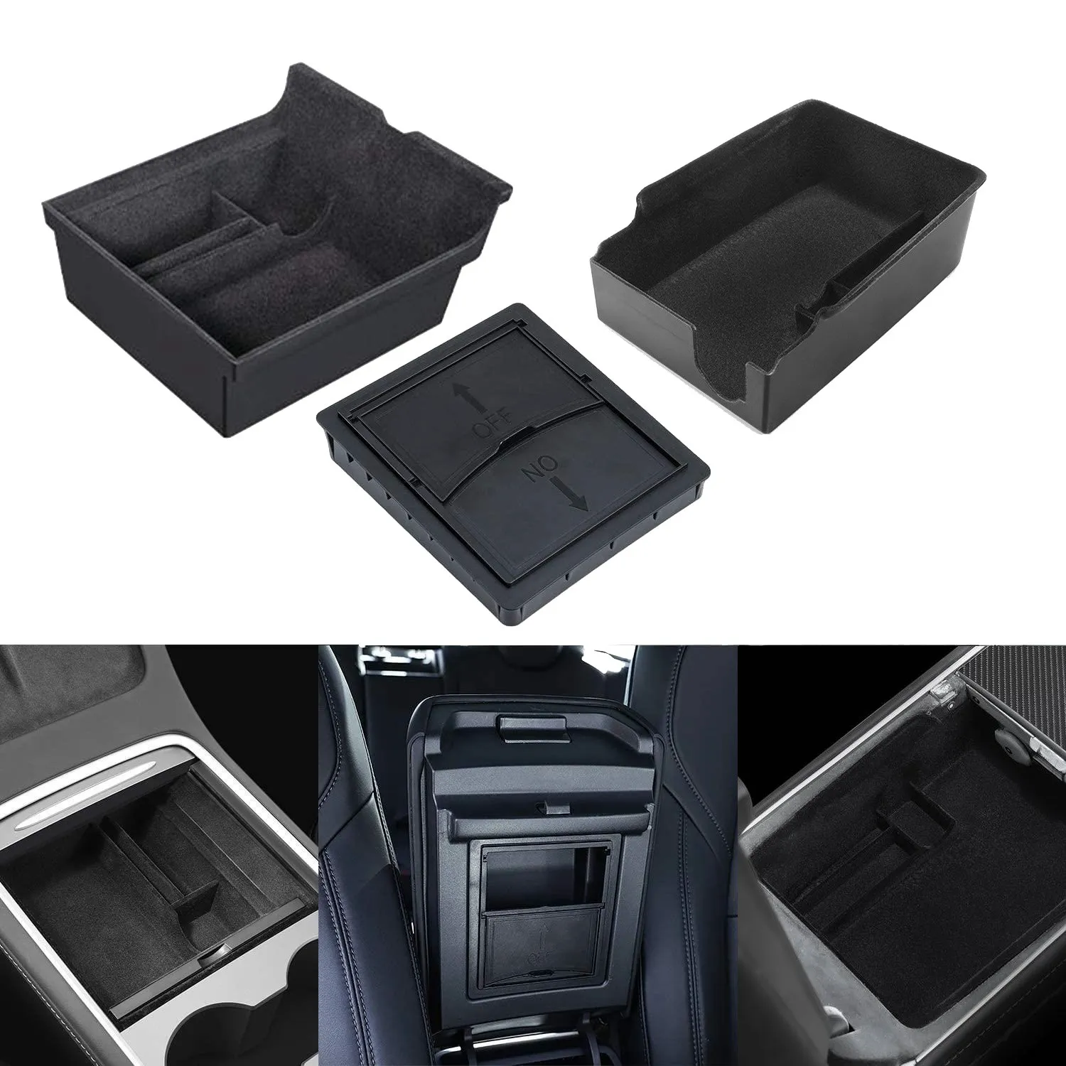 

3PCS Center Console Organizer Tray Fit for 2021 Tesla Model 3/Y Armrest Cubby Drawer Storage Box Accessories (Flocking)