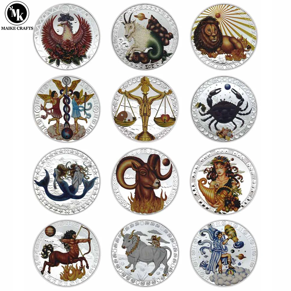 

New 12 Constellation Lucky Coin Silver Plated Metal Home Decor Inlaid Crystal Commemorative Medal Collection Business Gift
