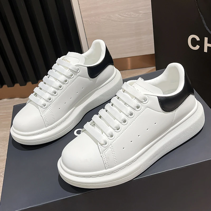 

women New Leather McQueenn White Shoes female All-Match Thick-Soled Inner Increase Leisure Luxury brand Flat Sneakers zapatos