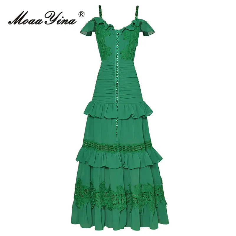 MoaaYina Fashion Designer dress Summer Women's Dress Solid Color Spaghetti Strap Crystal Cascading Flounces Big Swing Dress