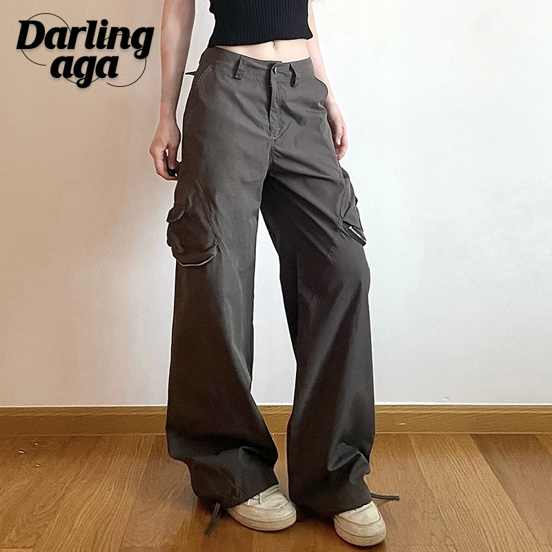 

Darlingaga Harajuku Zipper Cargo Trousers Women Solid Low Waisted Multi Pockets Streetwear Baggy Pants Drawstring Techwear Capri