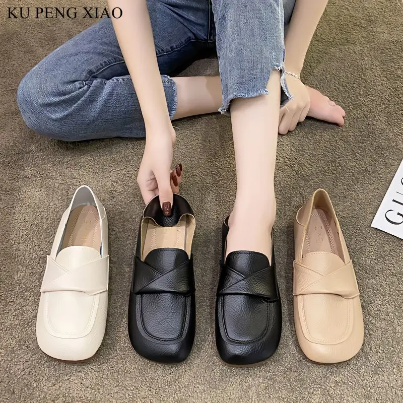 

Womens Loafers Shoes Square Toe Autumn Female Footwear Soft Shallow Mouth Elegant Casual Slip-on Comfortabl Small Leather Shoes