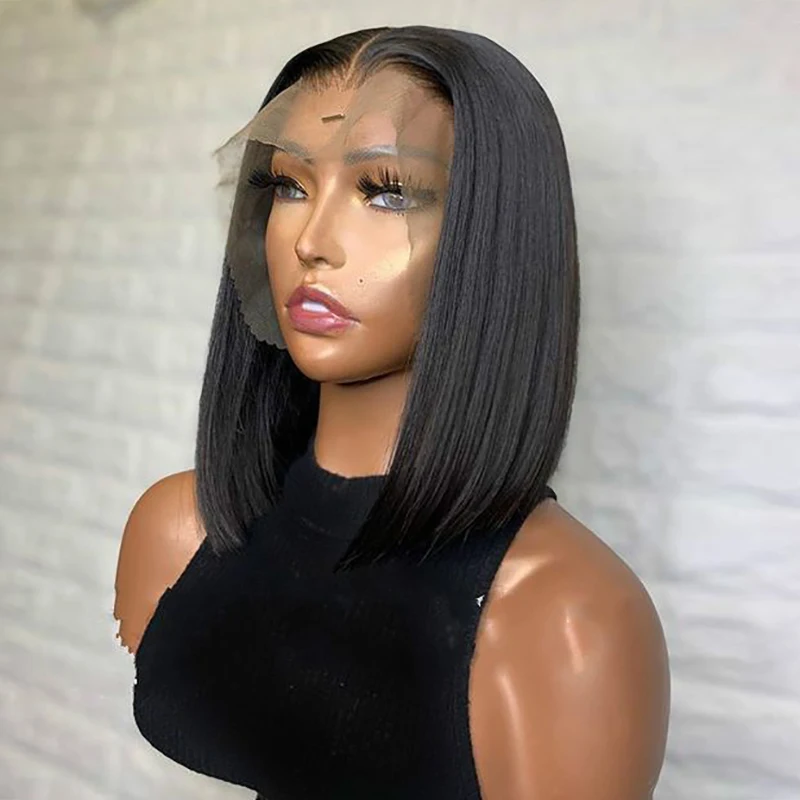 

Glueless 14Inch 180Density Short Bob Straight Black Glueless 4*4 Lace Front Silk Top Wig For Women with Baby Hair Preplucked