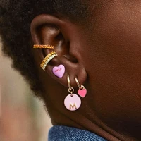 romantic amour enamel pink heart earrings for women 2020 korean cute round gold letter print huggie drop earrings jewelry gift
