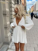 clacive sexy deep v neck white dress lady bodycon long sleeve pleated mini dress streetwear elegant party dresses for women 2022