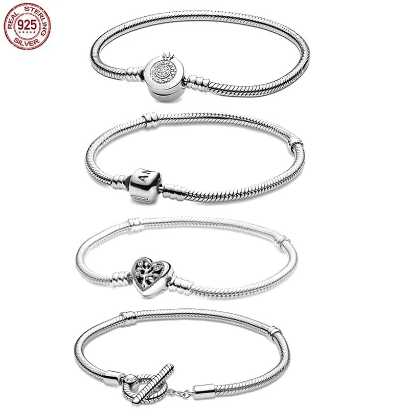 

Подходят оригинальные шармы Pandora Бусины DIY Ювелирные изделия Подарки розовое золото сердце Корона цепочка из змеиных костей браслеты ювели...