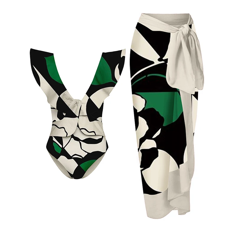 

Women One Piece Swimsuit Deep-V Sexy Lace Up Swimwear Triangle Bikini Set Summer Holiday Beach Swiming Suit With Cover Up