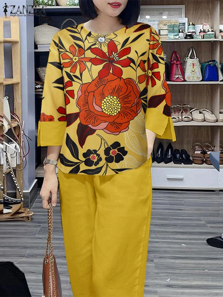 ZANZEA Свободные повседневные блузки с цветочным принтом и рукавами 3/4 комплекты