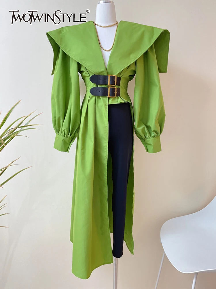 TWOTWINSTYLE Green Shirt For Women Lapel Long Sleeve Asymmetrical Hem Button Through Blouse Female Fashion Clothing Style New