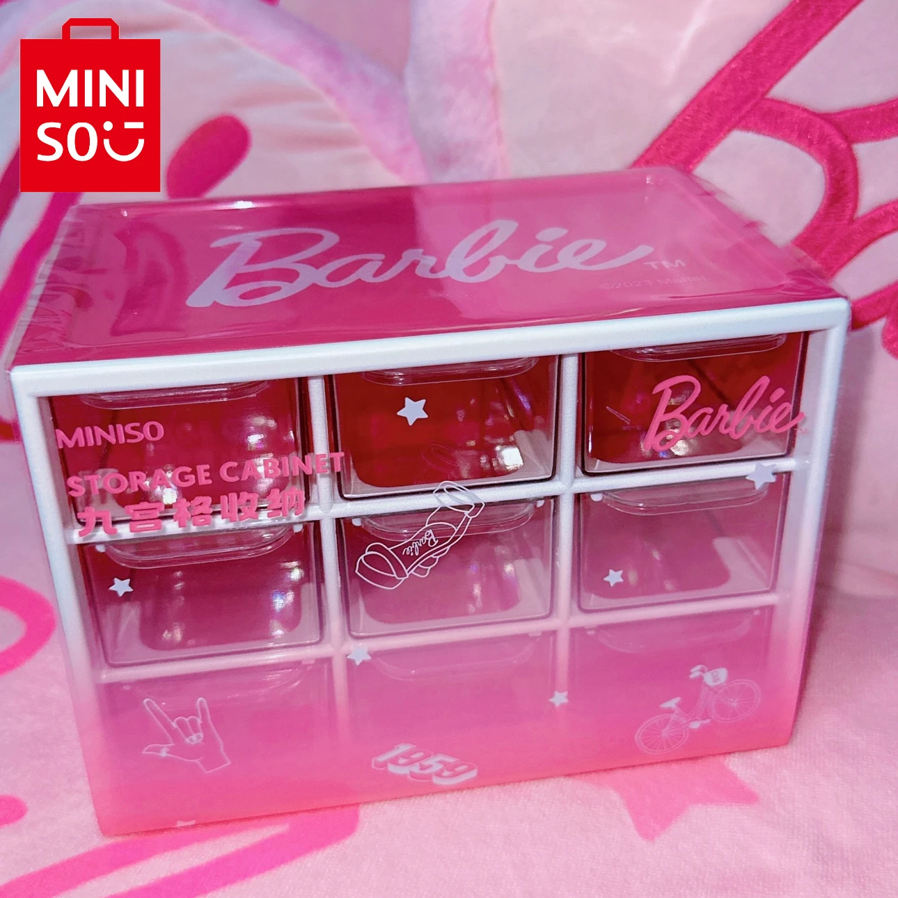 

MINISO Barbie Series Jiugongge Transparent Desktop Drawer Storage Box To Store Accessories and Sundries DIY Stickers Girls Gifts