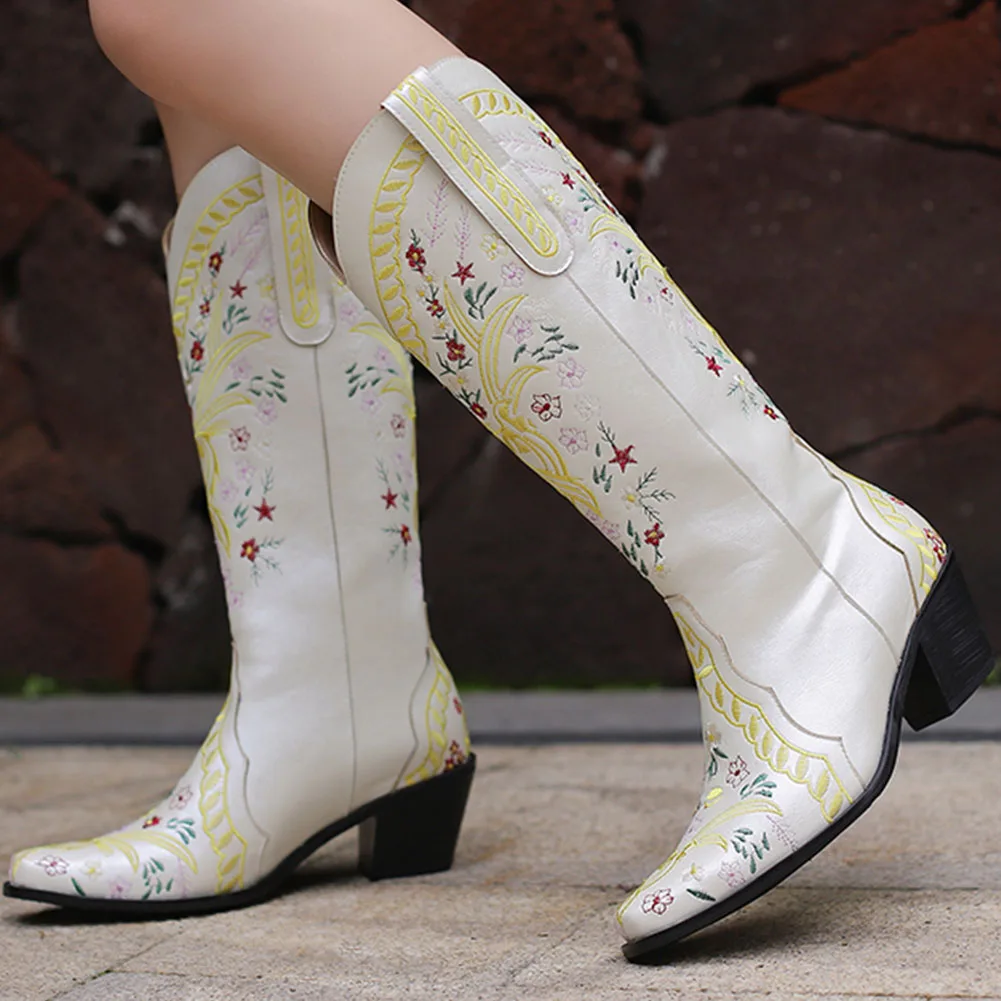 

Lapolaka Women's Embroidered Western Cowgirl Boots with Chunky Heel Knee High Cowboy Boots Women 33-48 Large Size