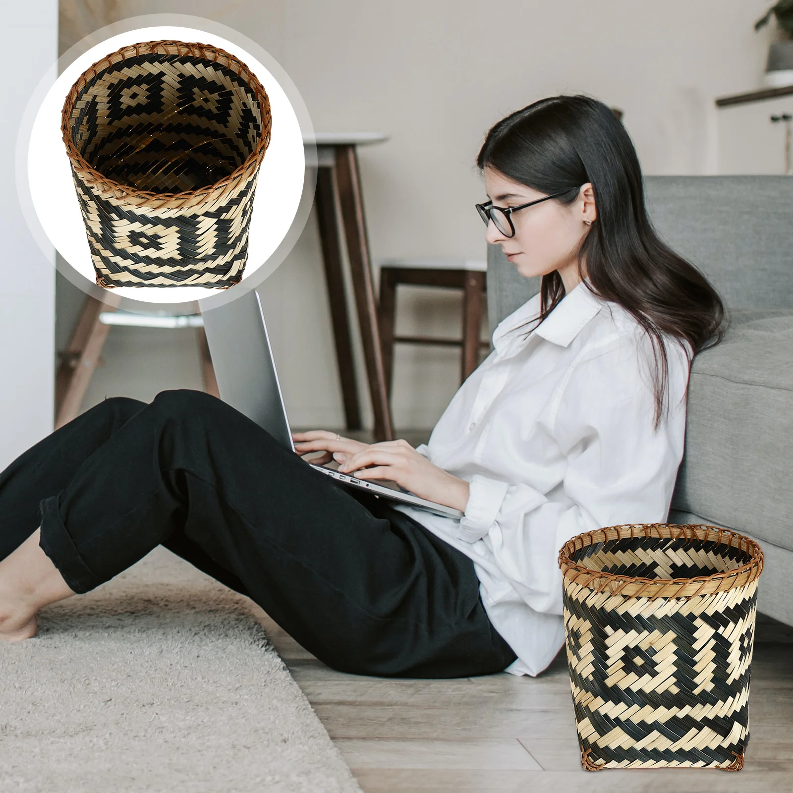 

Basket Can Trash Woven Waste Rattan Wicker Baskets Storage Laundry Bin Round Garbage Small Seagrass Decorative Planterplant