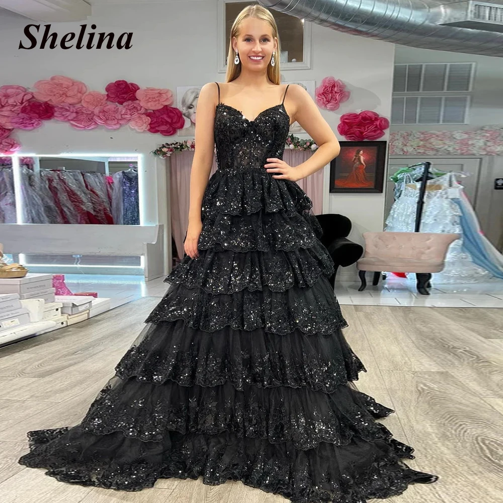 

Shelina Luxury Evening Dress For Women Tiered Spaghetti Straps V-neck Glitter Appliques Backless A-line 2023 Vestido De Noite