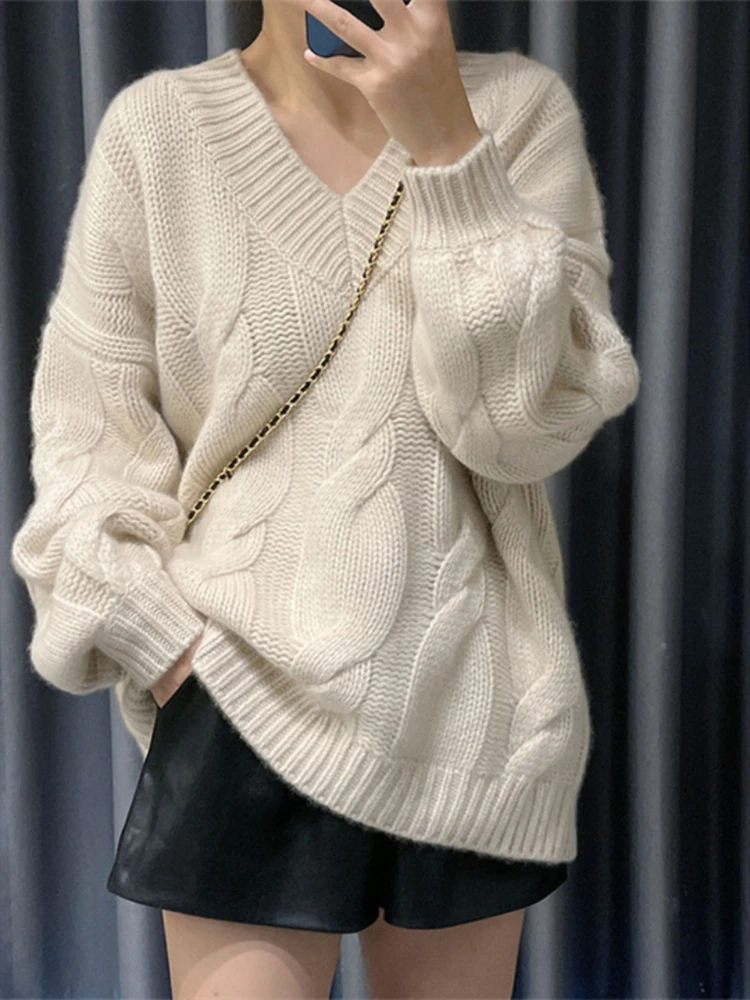 

Fashion Women Sweaters 2023 New Autumn Winter LOOSE V-Neck Pullovers Korean Fashion Solid Long Sleeve Top Screw Thread Knitwears