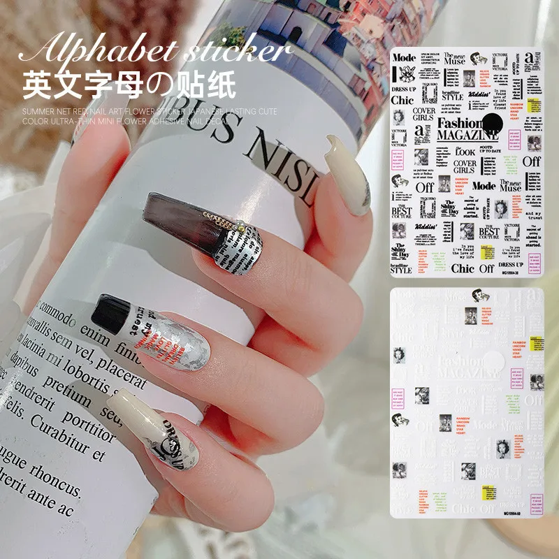 

1 Sheet Black White Classic Popular English Letter Magazine Adheisve Nail Art Stickers Decals Manicure Accessories DIY Ornaments