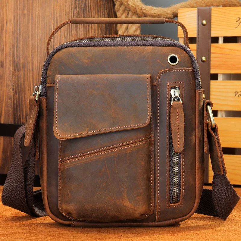 New Crazy Horse Leather Crossbody Bag Mobile Phone Small Messenger Bag Fashion Square Bag Genuine Leather Shoulder Bag