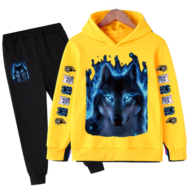 

New Funny Boy Animal Wolf Clothes Kids Clothing Sets Fall Long Sleeve Wolf Sweatshirt Sets Printed Baby Clothes 2 Piece Boy Sets