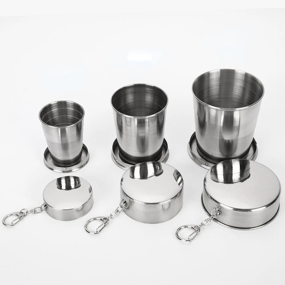 4PCS Stainless Steel Folding Cup Portable Outdoor Travel Camping Telescopic with Keychain Water Coffee Handcup كاسات قهوة |