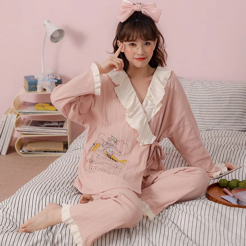 Kimono pajamas, women's spring and autumn cotton strapping, long sleeved cardigan, home clothing set