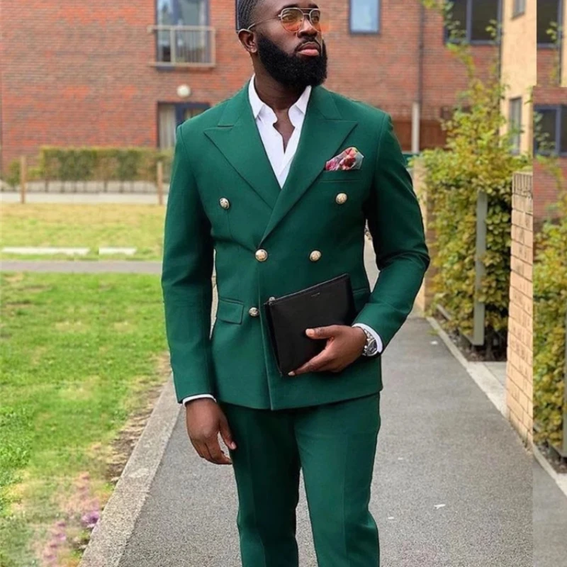

Double Breasted African Suits for Men Slim Fit Dark Green Groom Tuxedo for Wedding Custom 2 Piece Fashion Clothes (Jacket+Pants)