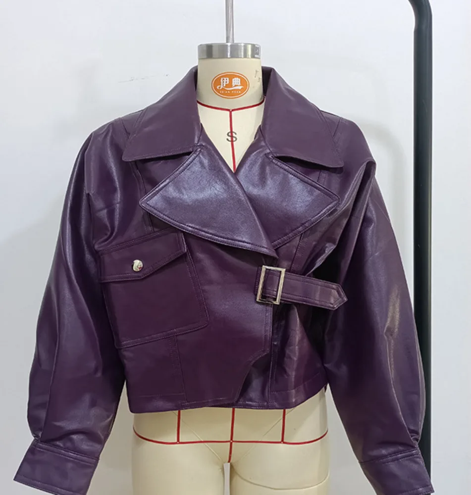 2022 Leather Jacket Fashion Autumn Winter Pu Chest Pocket Casual Loose Long Sleeved Leather Women's Coat