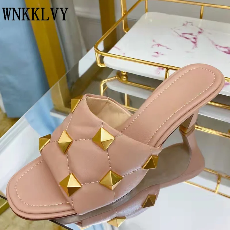

Runway Summer Slippers Women Metal Decoration Pumps Genuine Leather Outside Slippers Sexy Banquet Prom Shoes Ladies Size 35-43
