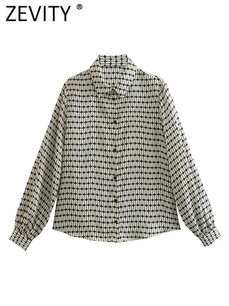 

Zevity Women Vintage Geometric Print Loose Smock Blouse Office Lady Shirt Chic Long Sleeve Casual Blusas Business Tops LS2745