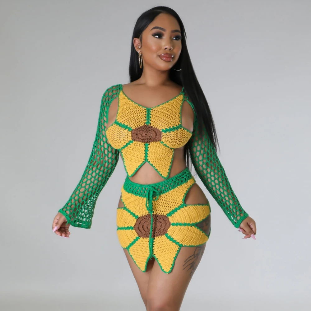 

Женский пляжный комплект из двух предметов, вязаный крючком костюм с топом и мини-юбкой миди, комплект из 2 предметов, 2023