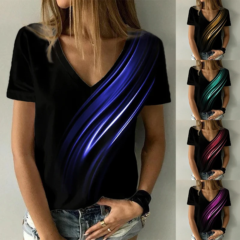 

2022 Floral Theme Women T-Shirt Summer Female High Street Tee Lady Abstract Print Casual Tops V-Neck Tops Pullovers