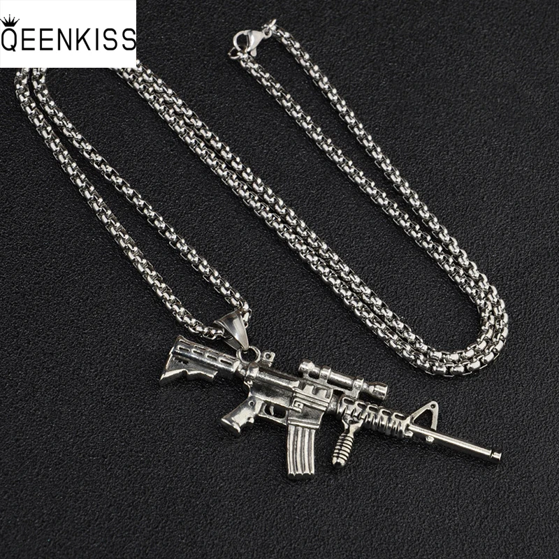 

QEENKISS NC845 Fine Jewelry Wholesale Fashion Trendy Woman Man Birthday Wedding Gift 75x39 Pattern Gun Titanium Steel Necklace