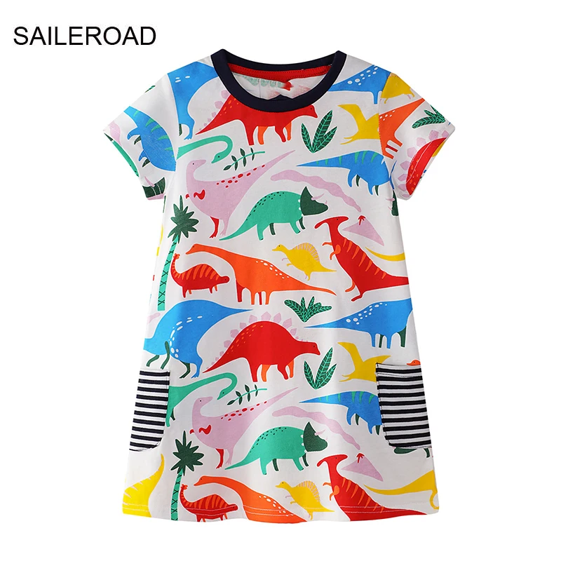 

SAILEROAD 2-7Y 2022 New Summer Girls Dinosaurs Dress Children Cotton Short Sleeve Dresses Kids Dress for Girls Fashion Clothes