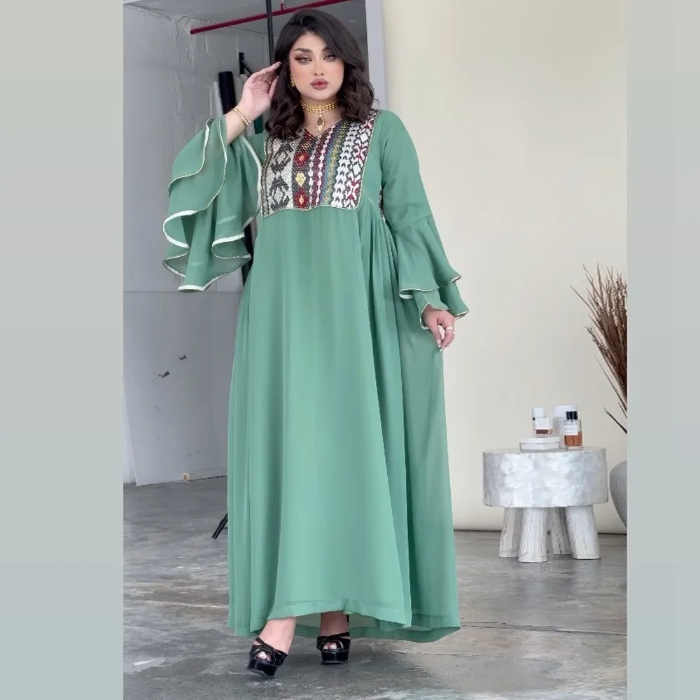 

Wepbel Velvet Muslim Dress Women Long Sleeve Abaya Islamic Clothing Caftan Robe Sequin Muslim Green Chiffon Dress Arabic Robe