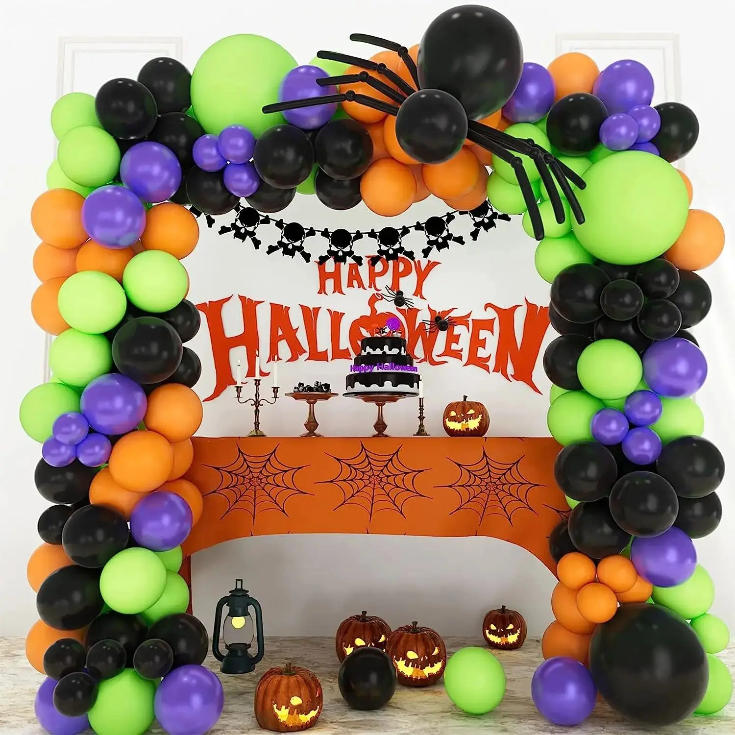 

137pcs Halloween Balloon Garland Arch Kit Green Orange Black Balloons 3D Bat Stickers for Halloween Theme Party Decoration