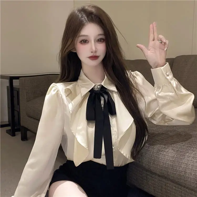 

2023 Spring V-neck Womens Tops Long Sleeve Chiffon Blouses New White Female Korean Shirts OL Loose Office Lady Clothing E939