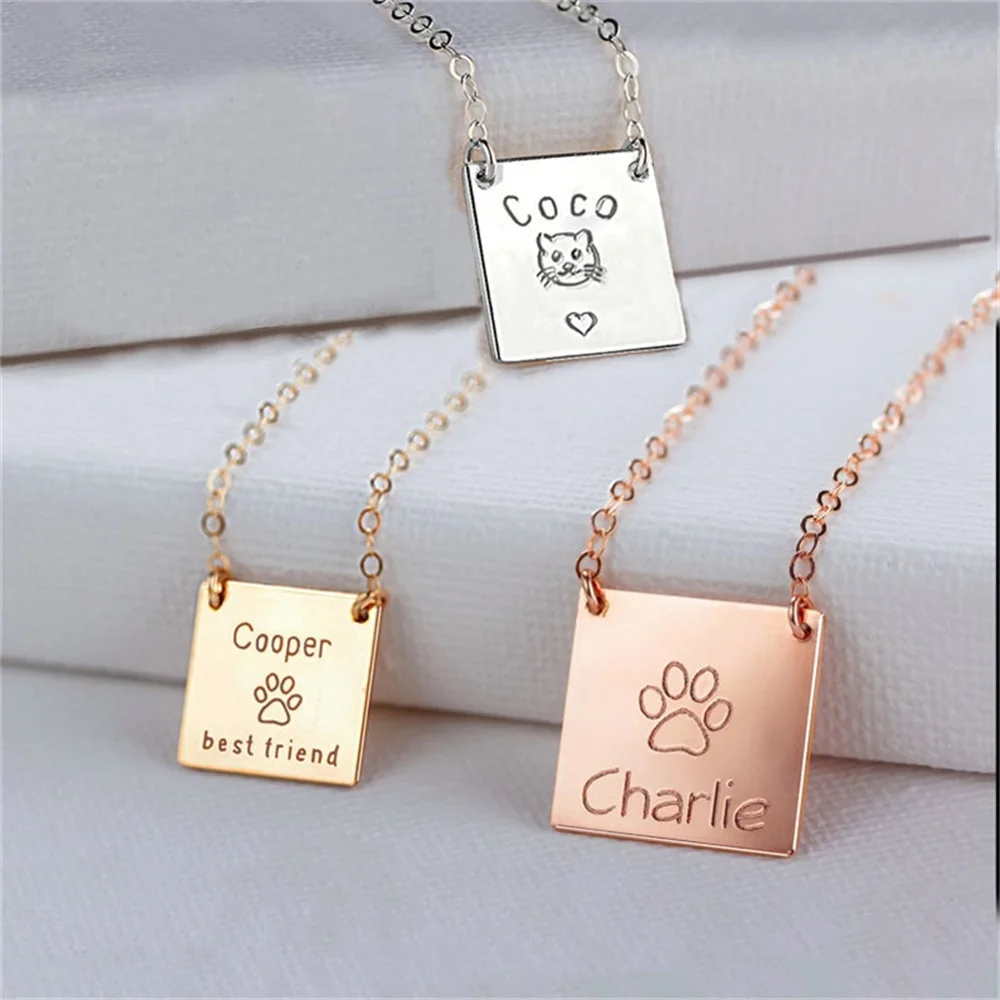 Women's Sterling Silver Name Necklace Square Plate Pendant Stainless Steel Personalized Necklace With Custom Engraved Gift