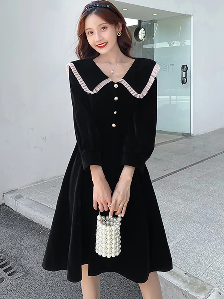 

2023 черное бархатное платье миди с оборками и кукольным воротником, осенне-зимнее плотное теплое платье с длинным рукавом, женские винтажные платья в Корейском стиле Хепберн