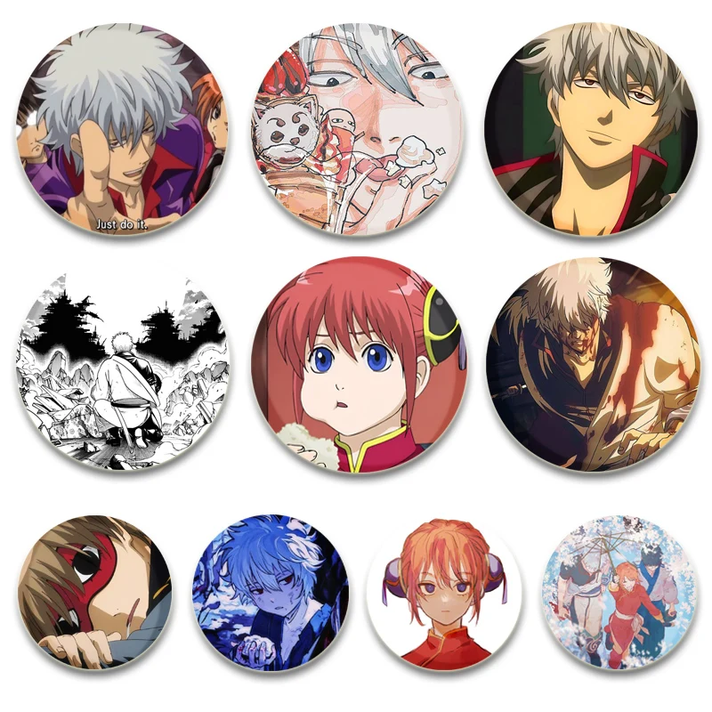 Anime Gintama Brooch Round Creative Pin Sakata Gintoki Kagura Shimura Shinpachi Cartoon Badge Cosplay Souvenir Toy Cute Fan Gift