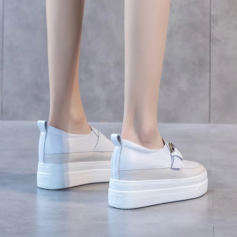 Black 7CM Platform Wedge Women Shoes Genuine Leather Slip on Buckle Hidden Heel Chunky Leather Women Sneakers Women Casual Shoes