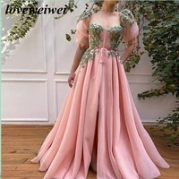 appliques pink prom dress vestido de formatura evening dress floor length wedding party gown puff short sleeve boho evening gown