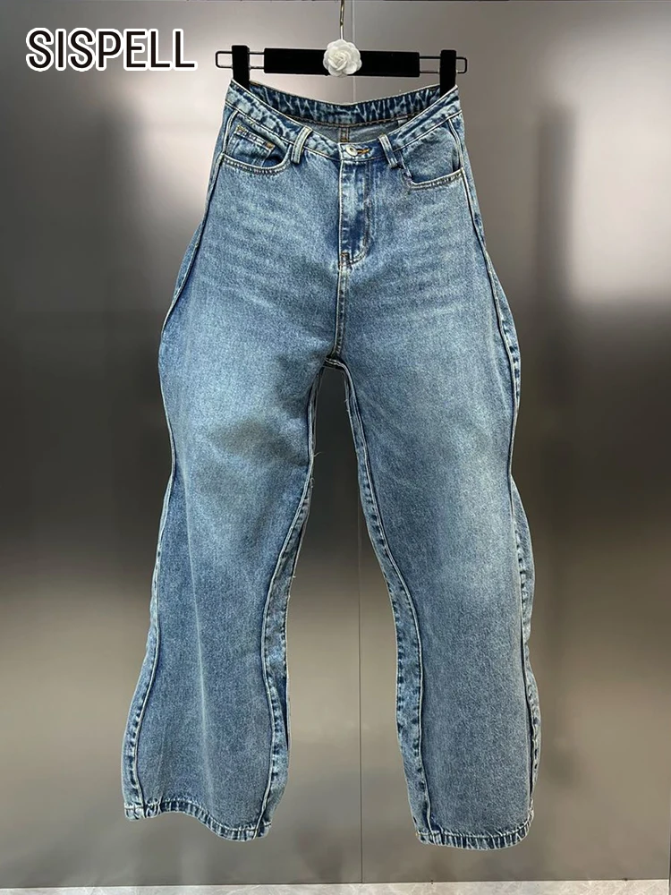 

SISPELL Irregular Ripples Jeans For Women High Waist Patchwork Buttons Streetwear Wide Leg Pants Female Summer 2023 Clothing New