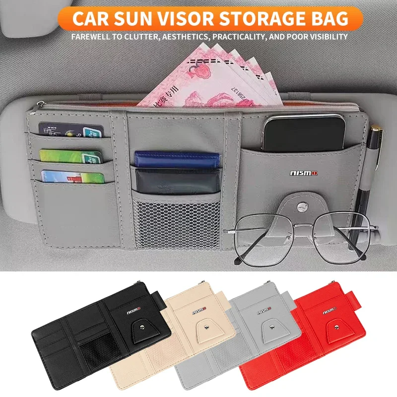 Car Sun Visor Organizer Storage Card Bag Sunglasses Clip For Nismo Emblem R34 GTR Nissan Tiida Sylphy Teana X-trail 1 2 Qashqa