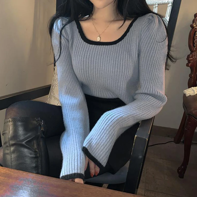 

Women Sweaters Puff Long Sleeve Striped Knit Tops 2022 Spring Fall Korean Sexy Square Neck Cropped Sweater Y2K Pullovers Clothes