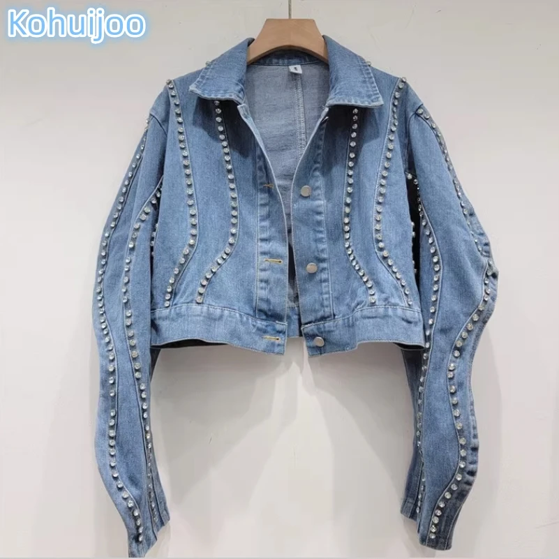 

Kohuijoo Heavy Hotsweet Denim Jackets Woman Autumn Luxury Diamond Design Long Sleeve Lapel Loose Casual Thin Jeans Coats Loose